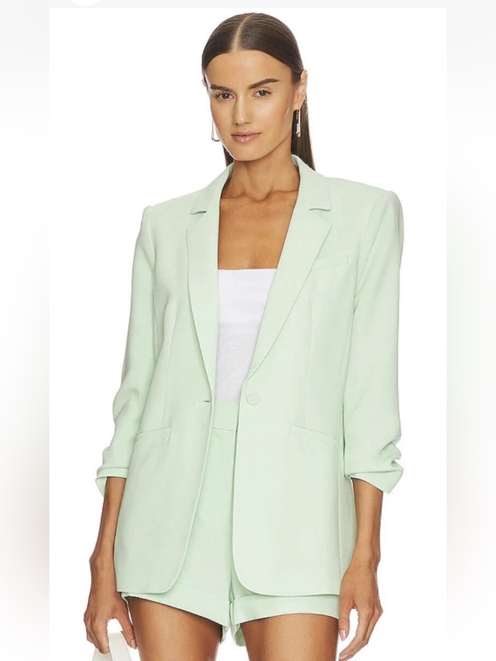 CINQ A SEPT Green Single Breasted Ruched 3/4 Sleeve Lined Khloe Blazer Jacket 0